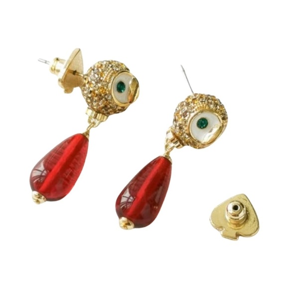 KATE SPADE • Owl Night Bird Drop Gold Red Dangle Earrings - Picture 3 of 6